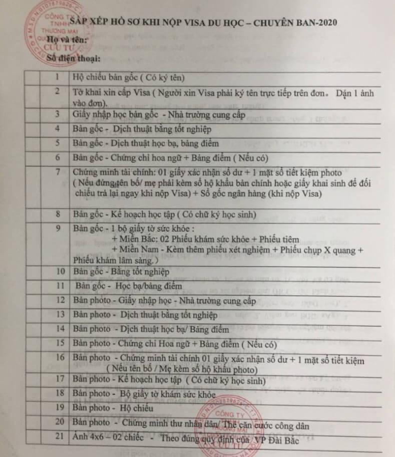 SẮP XẾP HỒ SƠ KHI NỘP VISA DU HỌC - CHUYÊN BAN 2020